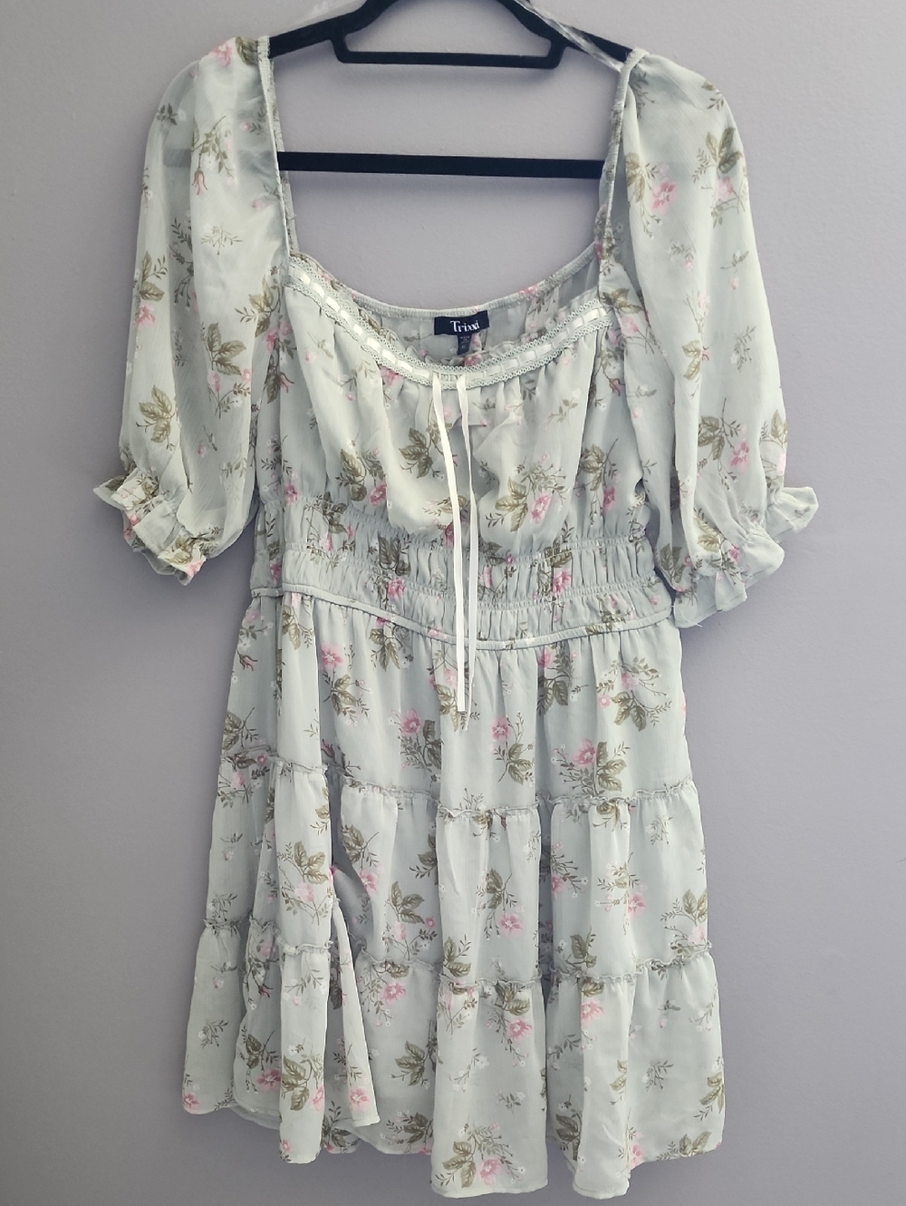 Trixxi Mint Green Floral Tiered Mini Dress with Pink Blossoms